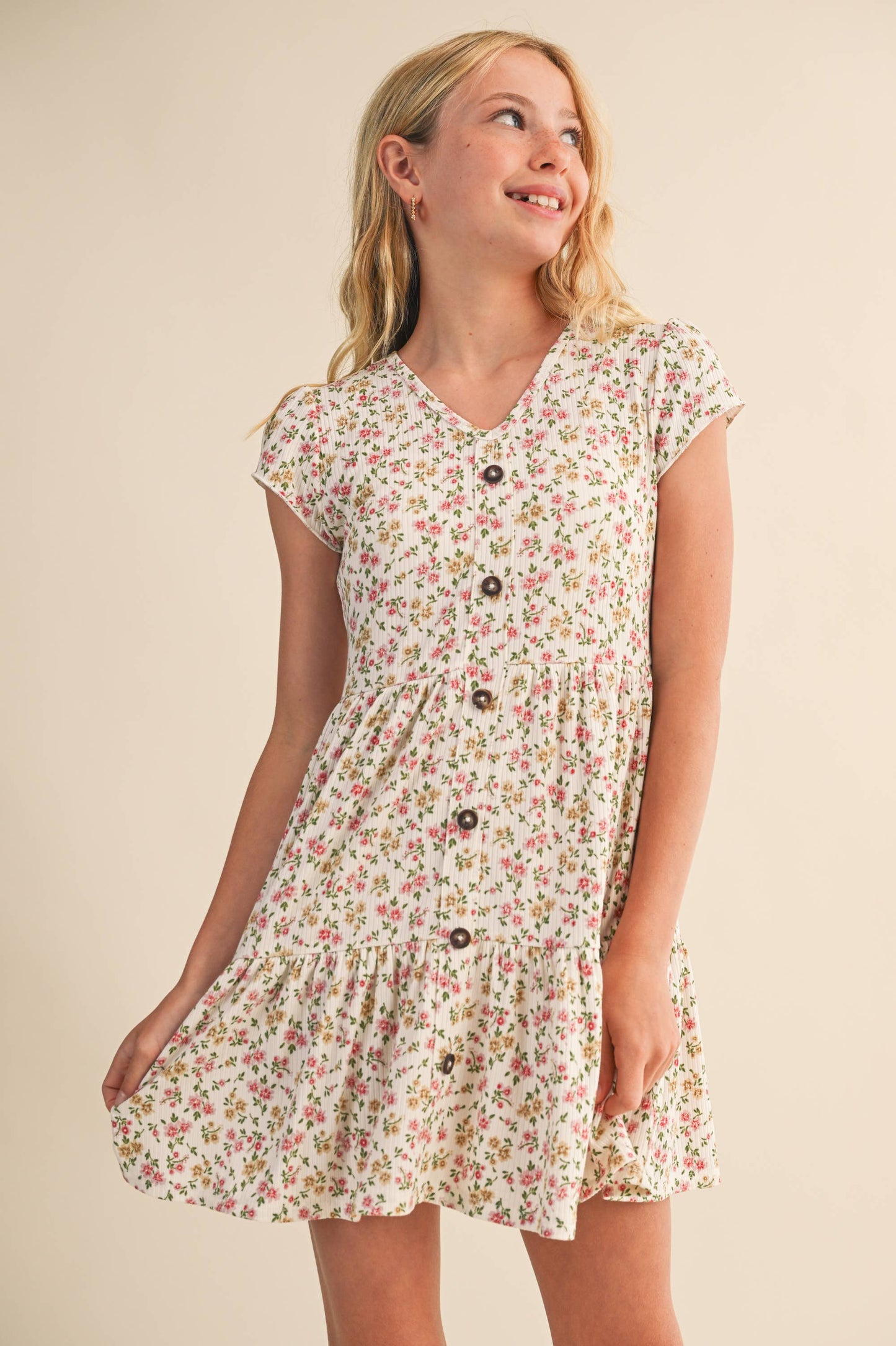 TWEEN KIDS GIRLS FAUX BUTTON DOWN TIERED DRESS