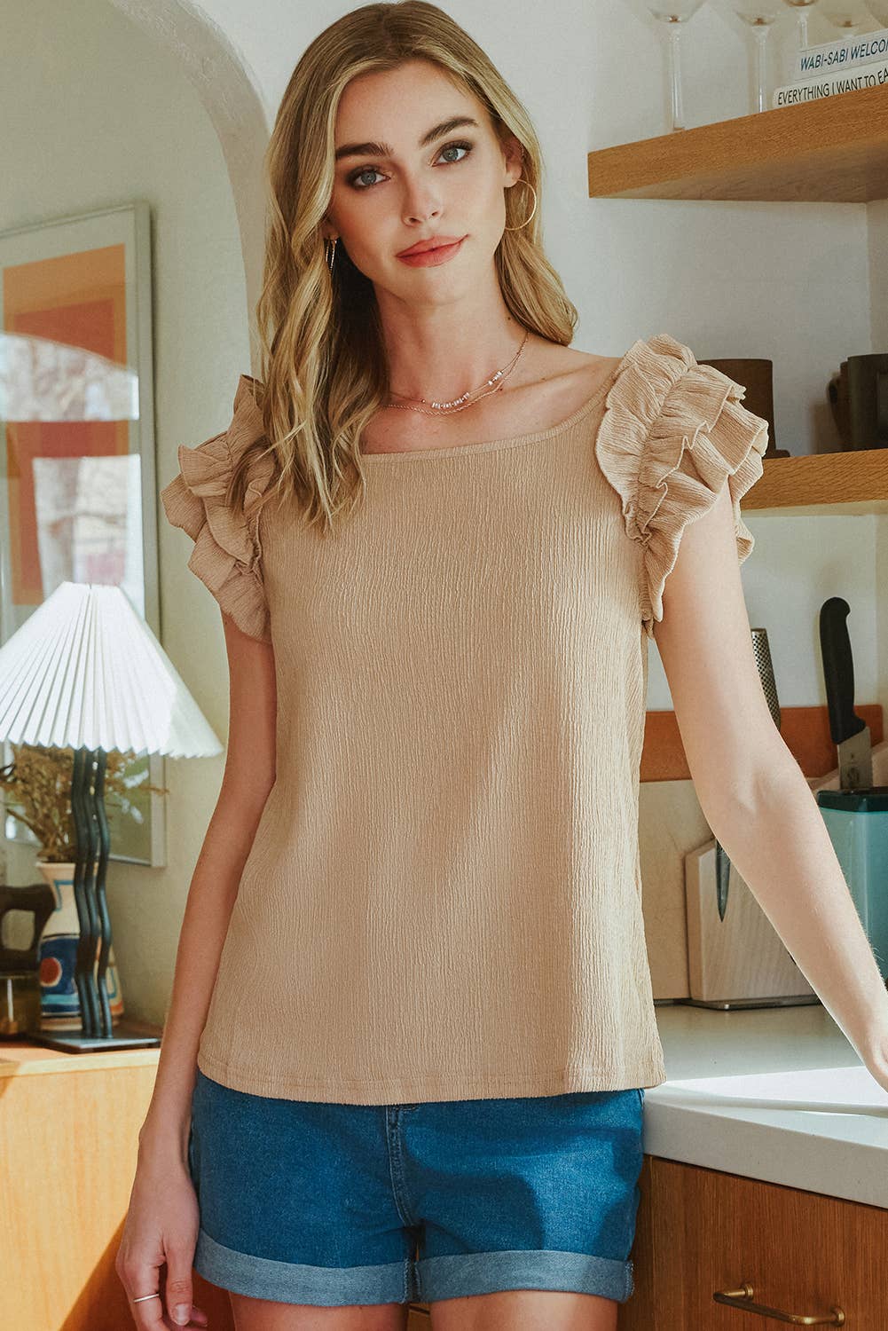 Ruffled Tiered Sleeve Square Neck Textured Top