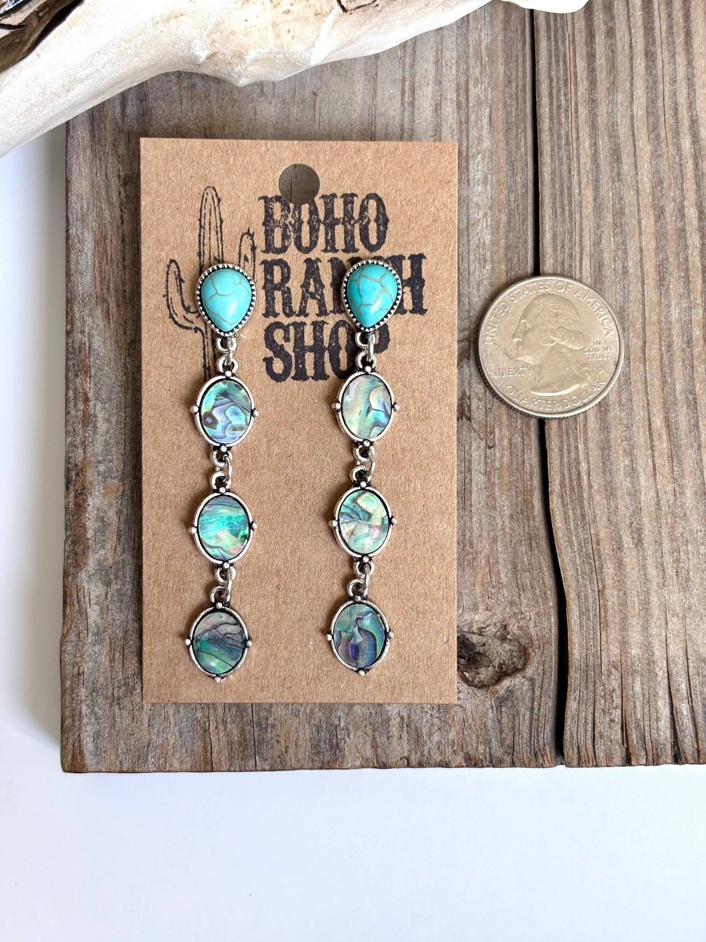 Turquoise Stone & Mother of Pearl 4 Tier Post Drop Earrings