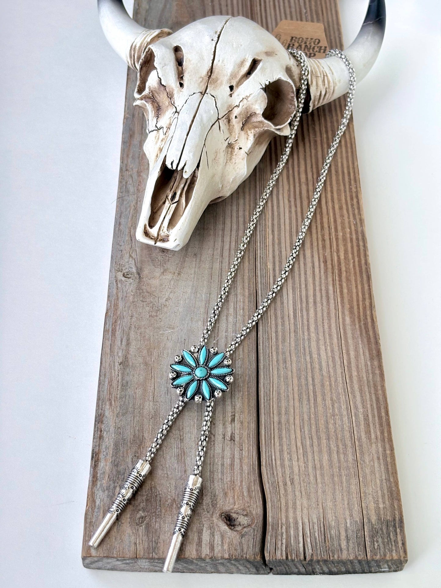 Western Turquoise Stone Concho Bolo Tie Necklace