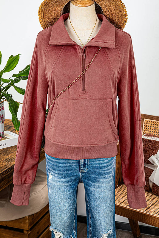 Fleece Lined Zip Up Stand Collar Thumbhole Sleeve Sweatshirt