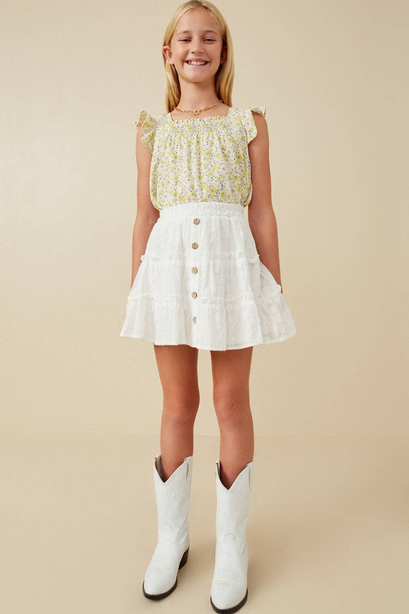 Girls Floral Print Flutter Sleeve Smocked Tank