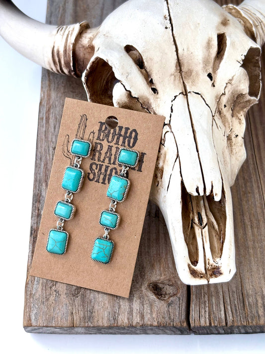 4 Tier Western Style Turquoise Stone Post Drop Earrings