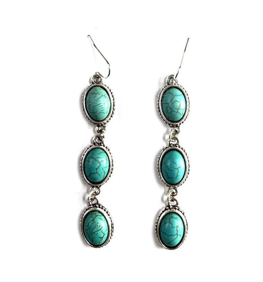 Western Oval Turquoise Stone 3 Dangle Earring