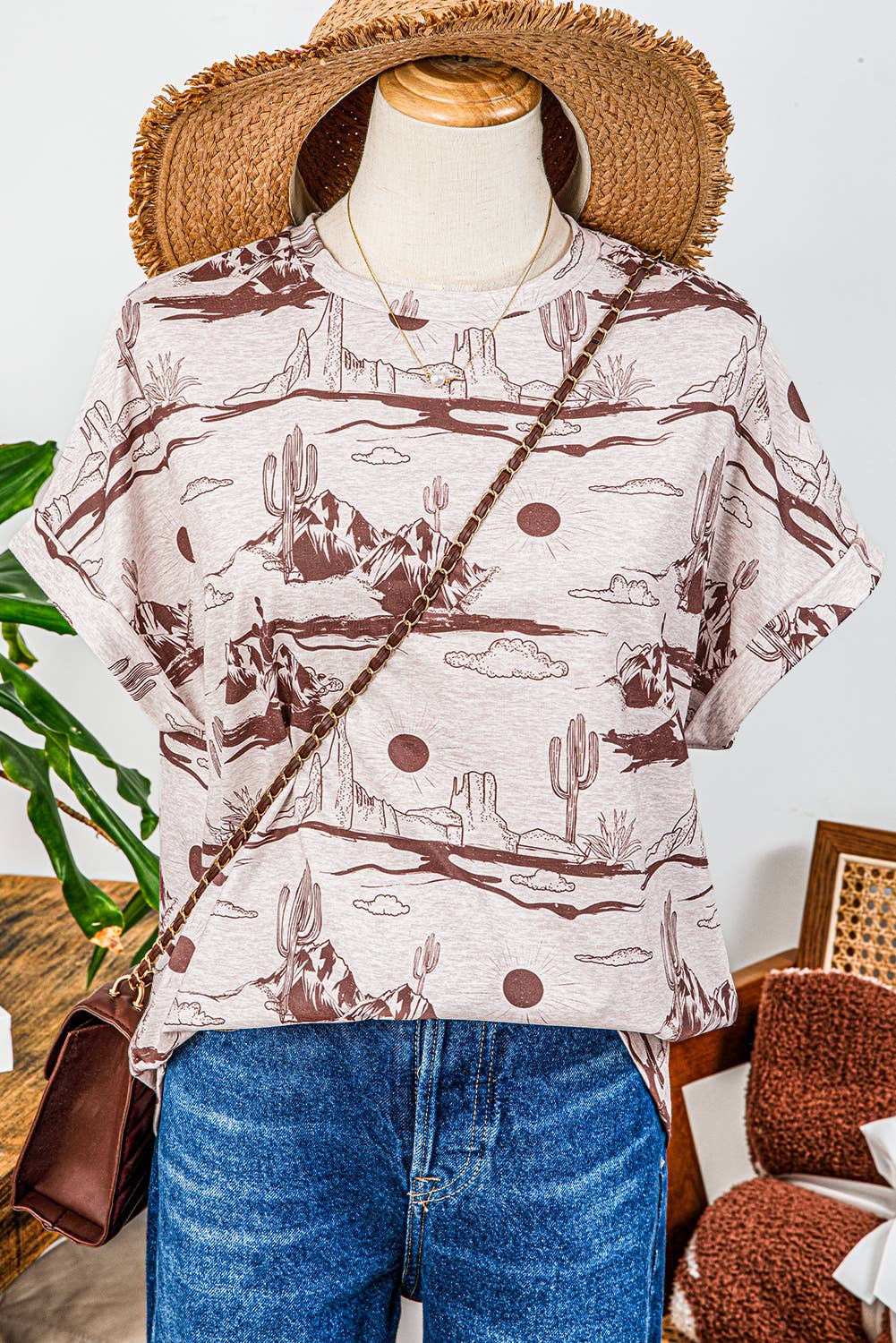 Western Desert Sand Print Short Sleeve Knit Top