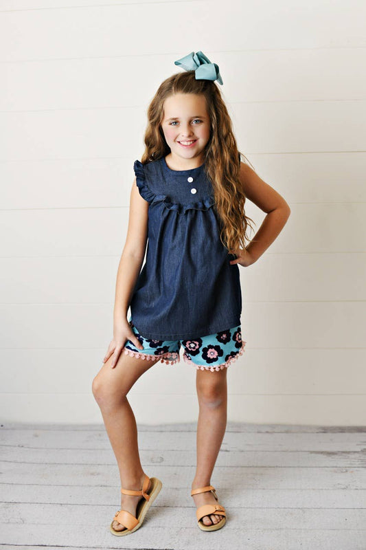 Kids Dark Jean Flower Ruffle Button Two Piece Set