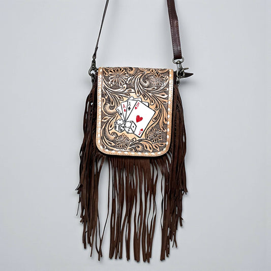 Cards tooled leather fringe bag 