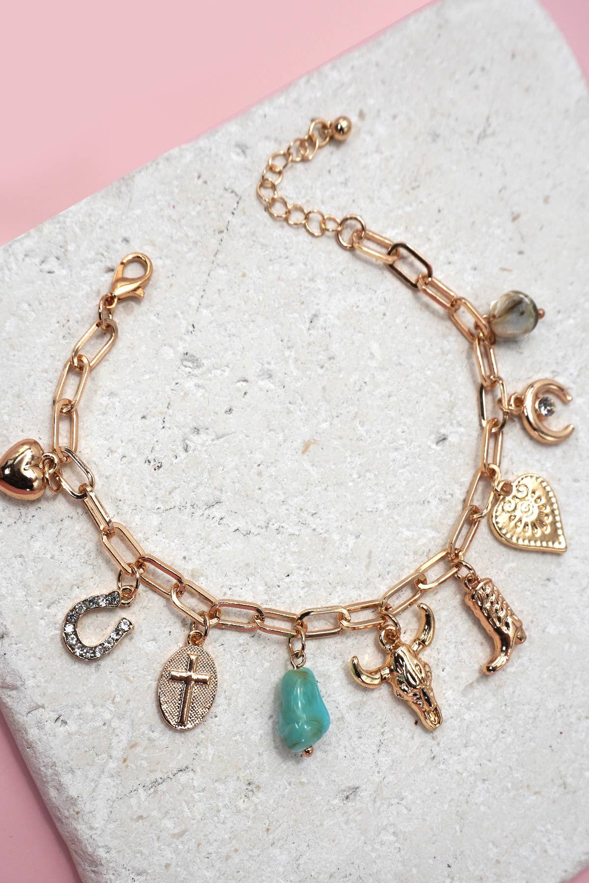 CHARM BRACELET-WESTERN BOOT BULLHEAD STONE