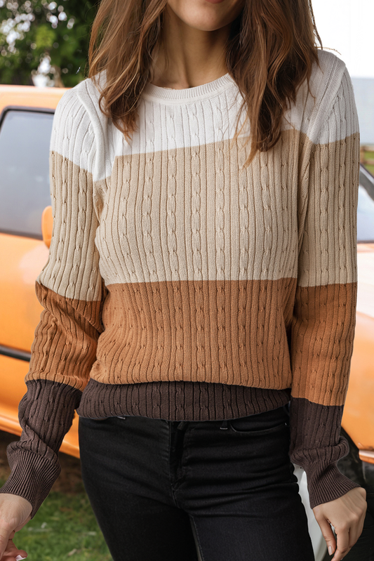 Colorblock Cable Knit Round Neck Sweater