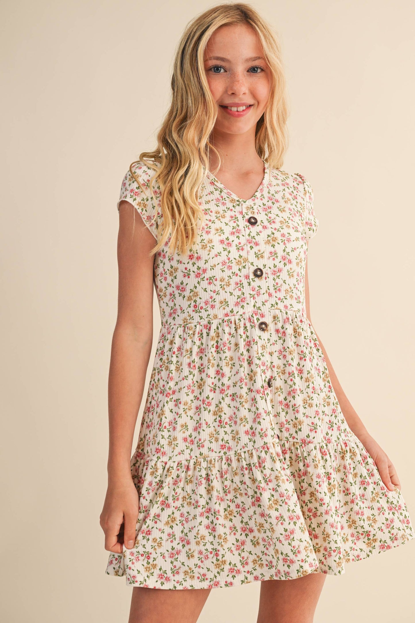 TWEEN KIDS GIRLS FAUX BUTTON DOWN TIERED DRESS
