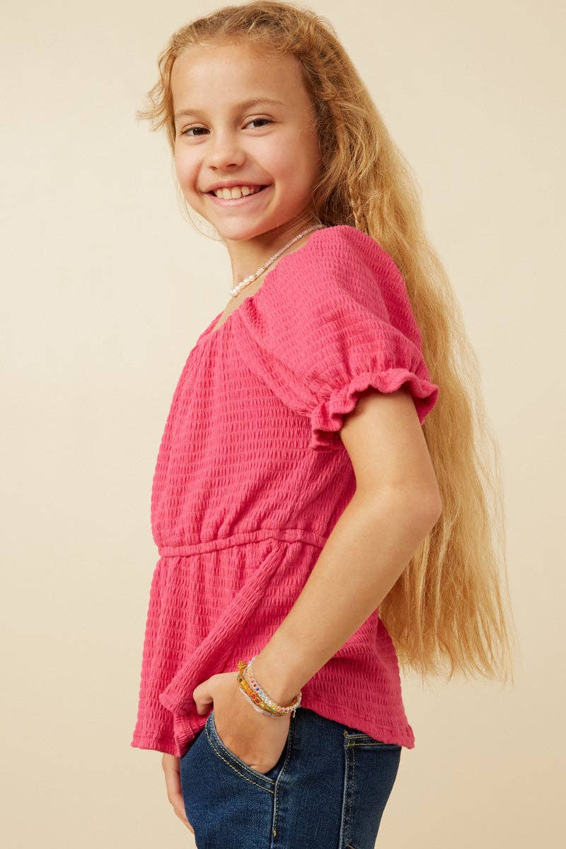 Girls Smocked Textured Knit Cinch Sleeve Babydoll Top