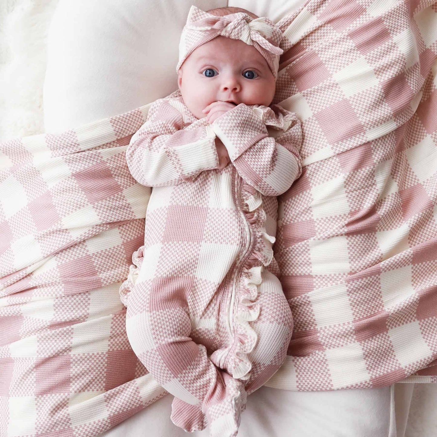 Big Check Bamboo Waffle Zipper Ruffle Footie | Rosy