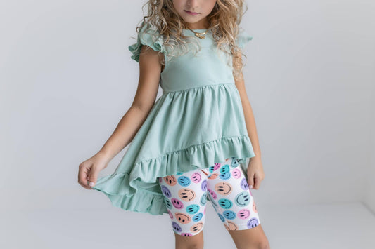 Kids Mint Green Smiley Face hi low Short Set