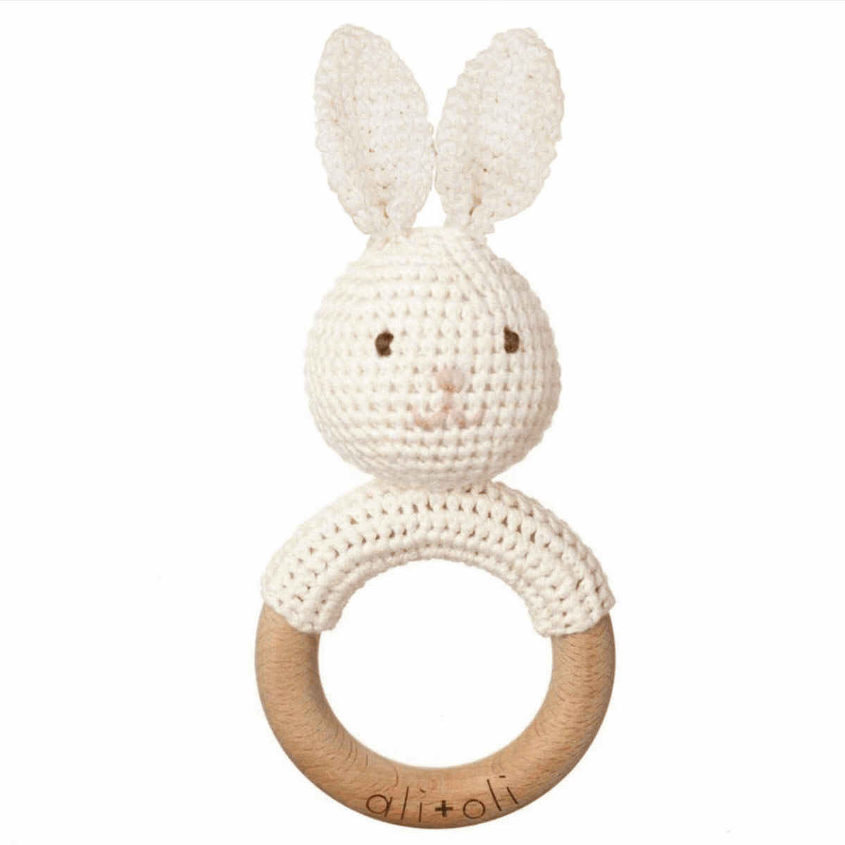 Baby Teething Toy Rattle Wood Ring Crochet bunny
