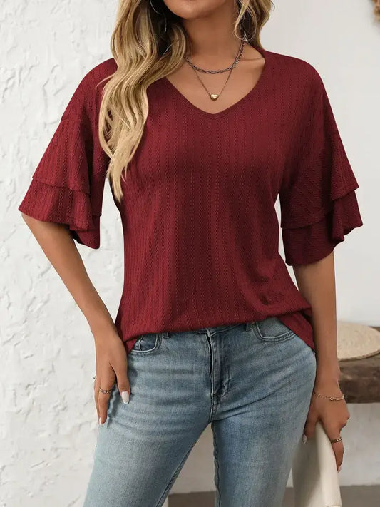 Solid V-Neck Ruffle Sleeve Short-Sleeve Top for 2025 Spring
