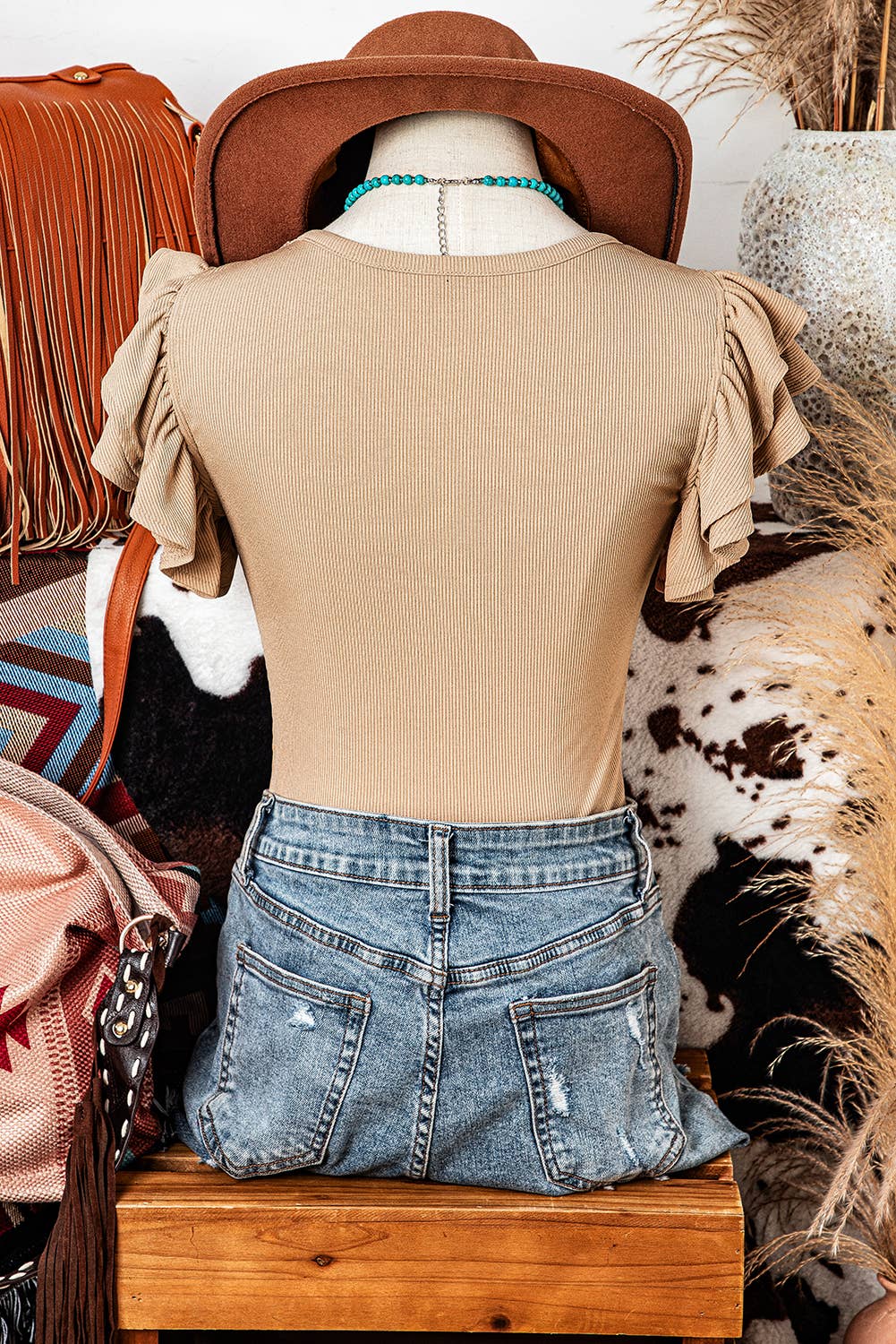 Ruffled Tiered Sleeve Square Neck Textured Top