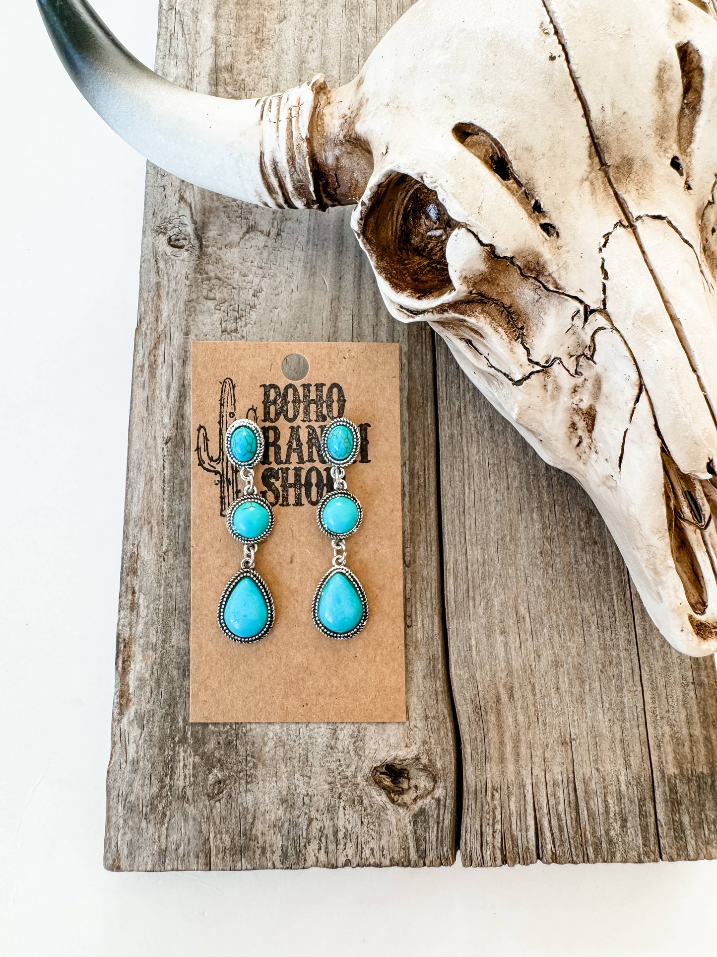 Western Tier Drop Earrings - Round Stone with Teardrop Stone