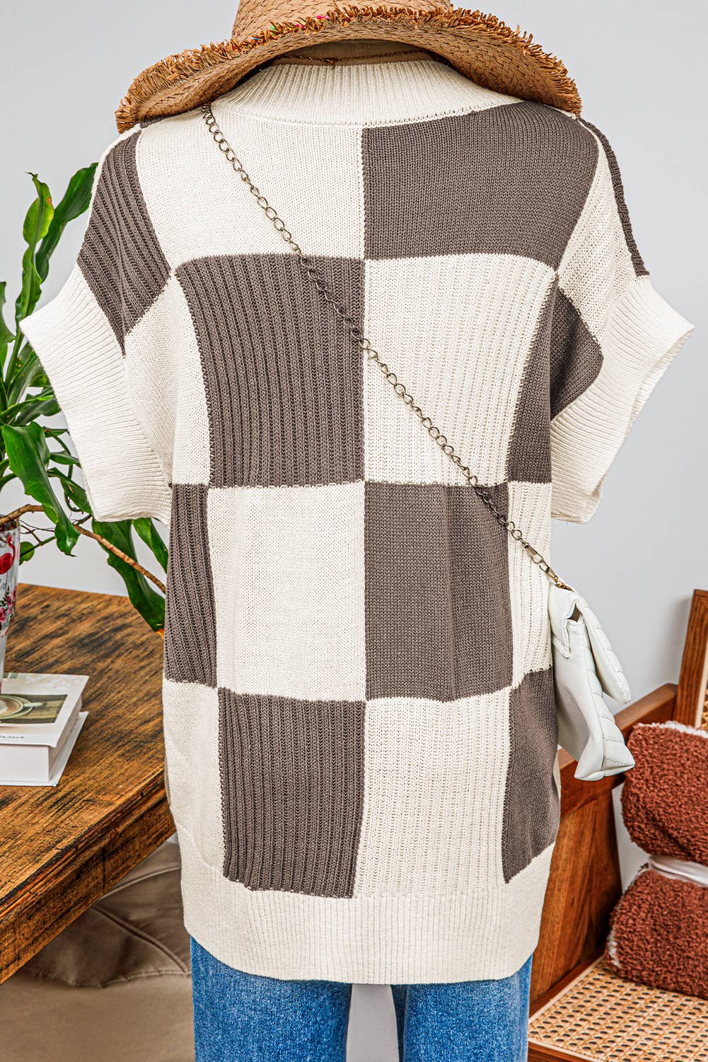 Checkered Colorblock Short Sleeve Sweater