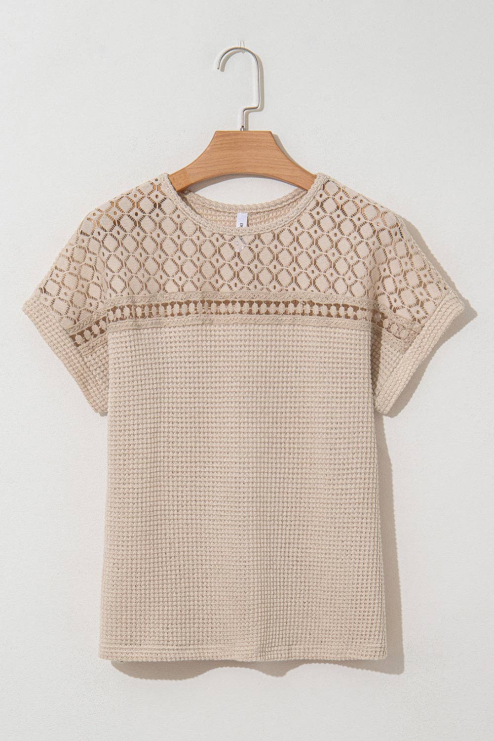 Lace Patchwork Waffle Short Sleeve Top