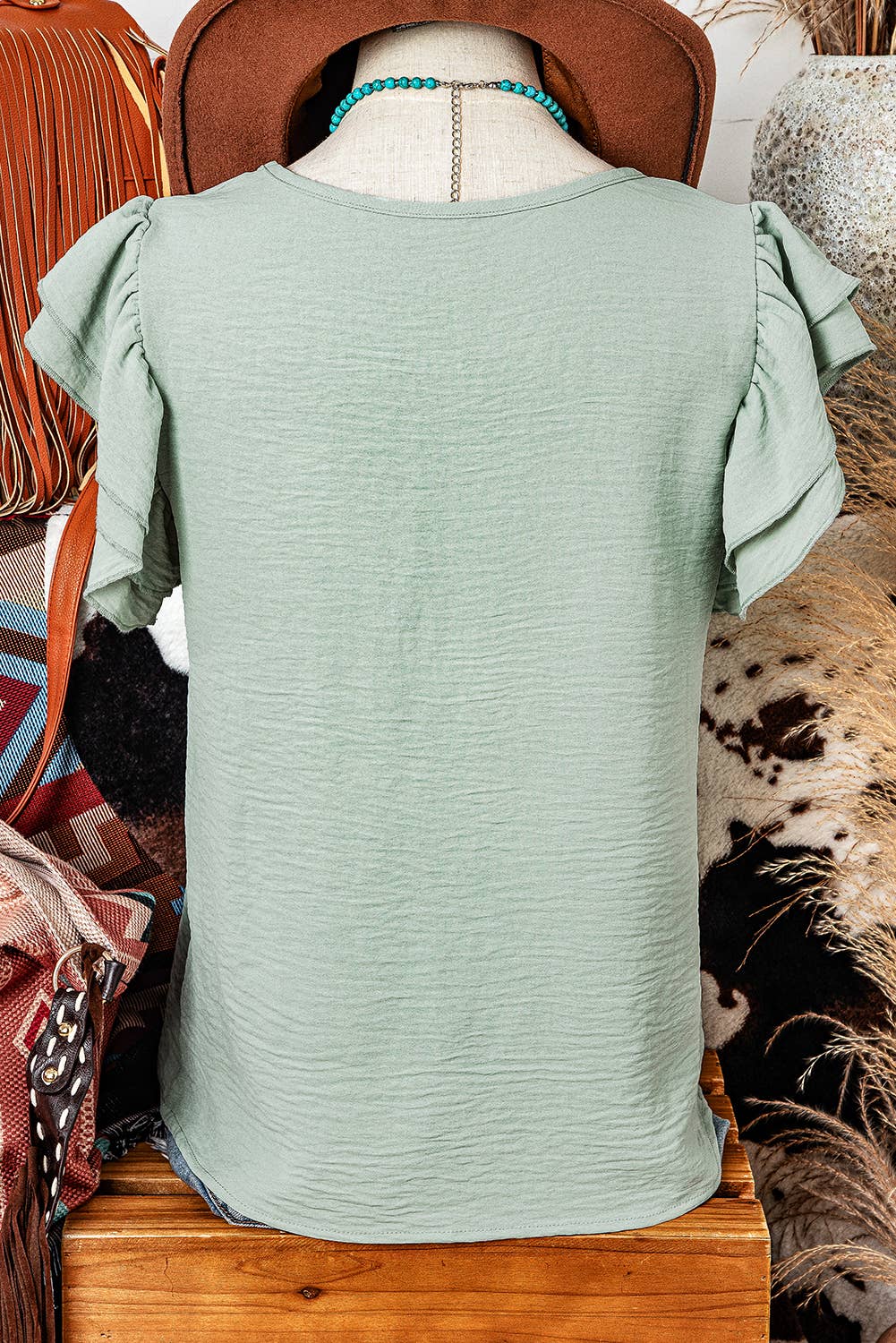 Solid Color Ruffled Short Sleeve Casual Blouse