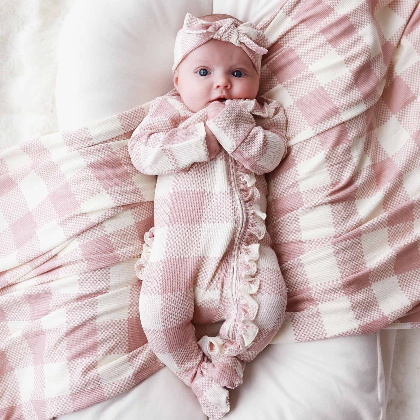 Big Check Bamboo Waffle Zipper Ruffle Footie | Rosy